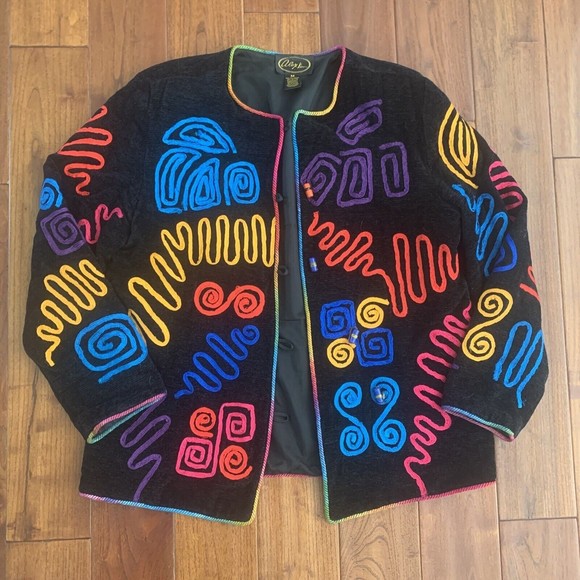 Vintage ALEX KIM Wearable Art Black Jacket Blazer Glass Toggle Buttons Size M - Picture 1 of 11